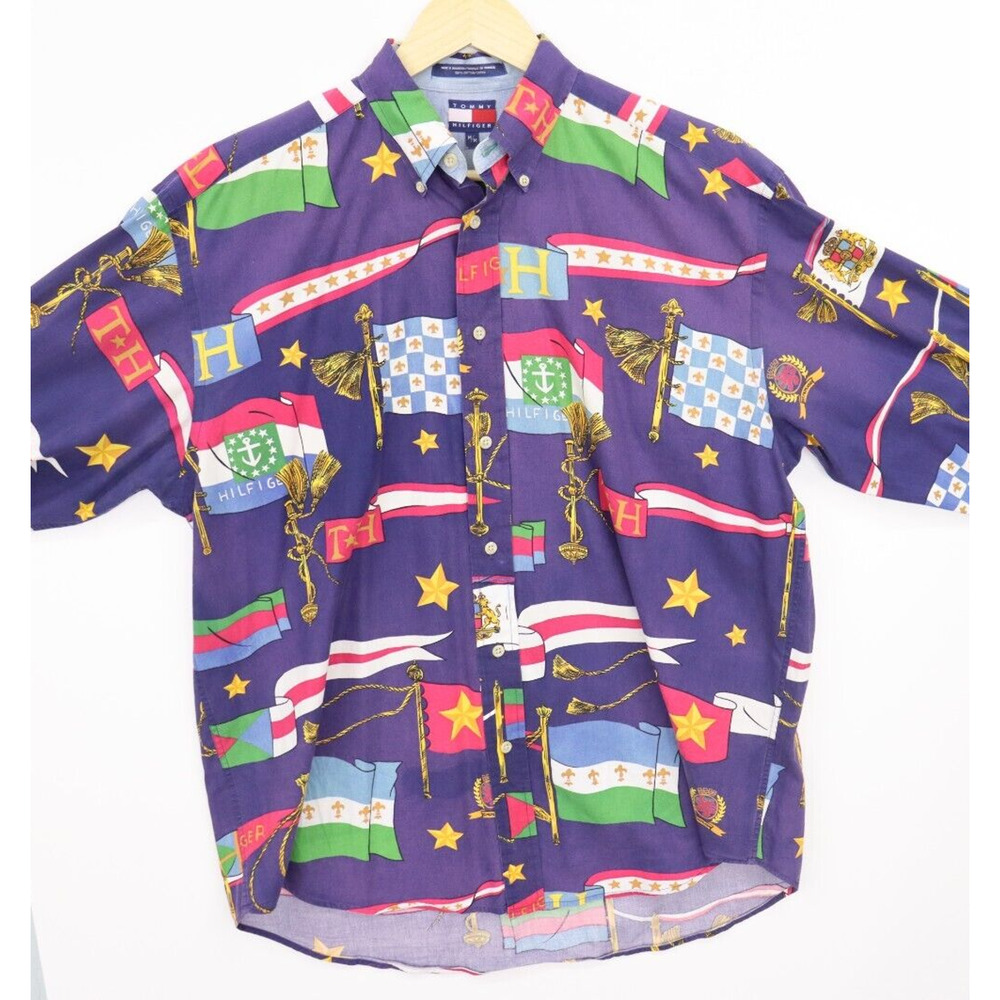 Vintage 90s Tommy Hilfiger Shirt Mens Medium All Over Flag Print Long Sleeve - Picture 5 of 8